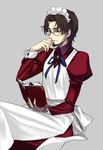  alternate_costume apron bangs book brown_hair enmaided facial_hair fate/zero fate_(series) glasses goatee maid maid_headdress male_focus parted_bangs ribbon solo sunday31 toosaka_tokiomi 