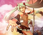  :d bad_id bad_pixiv_id blood detached_sleeves foreshortening green_eyes green_hair hands hatsune_miku hello_planet_(vocaloid) ktsis long_hair looking_at_viewer necktie open_hand open_mouth outstretched_arm outstretched_hand skirt smile solo tears torn_clothes twintails very_long_hair vocaloid 