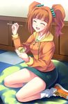  cf-x_(oceanus_com) closed_eyes food idolmaster idolmaster_(classic) open_mouth orange_hair pillow pudding sitting skirt smile solo takatsuki_yayoi twintails 