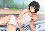  amagami bad_id bad_pixiv_id black_hair blush bob_cut breasts brown_eyes chain-link_fence drain_(object) dutch_angle fence hill looking_at_viewer lying nanasaki_ai nipples on_side one-piece_swimsuit poolside rudoni school_swimsuit see-through short_hair small_breasts solo swimsuit tree white_school_swimsuit white_swimsuit 