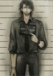  bad_id bad_pixiv_id black_eye blood brown_eyes brown_hair cuts facial_hair holding holding_sign injury jewelry kaburagi_t_kotetsu key007 male_focus mugshot muted_color necktie ring sign solo stubble tiger_&amp;_bunny watch wedding_band wristwatch 