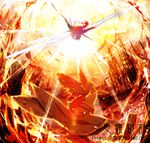  abstract bare_shoulders battle bow brown_eyes cape charging commentary_request detached_sleeves duel from_behind glowing glowing_eyes gohei hair_bow hair_tubes hakurei_reimu highres long_hair multiple_girls radiation_symbol red_eyes reiuji_utsuho siirakannu silhouette touhou wings 