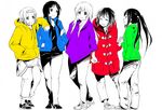  71 akiyama_mio black_eyes black_hair casual closed_eyes eyebrows grin hand_in_pocket hands_in_pockets hirasawa_yui holding_hands hood hoodie jacket k-on! kotobuki_tsumugi light_smile long_hair looking_at_viewer multiple_girls multiple_monochrome nakano_azusa open_mouth pants poncho round_teeth shoes short_hair smile sneakers spot_color standing tainaka_ritsu teeth white_background 