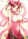  bad_id bad_pixiv_id bare_shoulders beads breasts china_dress chinese_clothes covered_nipples dress earrings flower food fruit hair_flower hair_ornament hair_up jewelry large_breasts lips midriff navel ore_no_shikabane_wo_koete_yuke pantyhose peach pink_eyes red_hair sano_(kabe_03) solo touka_sen 