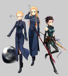  :3 black_hair blonde_hair blue_eyes boots bow dress dual_persona fate/zero fate_(series) gae_buidhe gae_dearg genderswap genderswap_(mtf) gloves hair_bow hair_pulled_back kayneth_el-melloi_archibald lancer_(fate/zero) long_hair mole mole_under_eye multiple_girls polearm short_hair side_slit spear sunday31 teenage volumen_hydragyrum weapon white_gloves yellow_eyes younger 