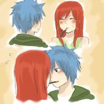  1girl blue_hair blush closed_eyes couple erinan erza_scarlet fairy_tail flying_sweatdrops food hetero imminent_kiss jellal_fernandes long_hair mouth_hold pocky pocky_kiss red_hair shared_food sweatdrop 