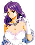  90s breasts cleavage earrings elbow_gloves gloves jewelry kagami_mira kokura_masashi large_breasts long_hair necklace official_art purple_hair scan shawl simple_background solo tokimeki_memorial tokimeki_memorial_1 white white_background yellow_eyes 
