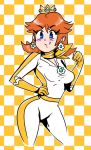  1girl arm_up blue_eyes breasts brown_hair crown earrings fist flower_earrings gloves hair_between_eyes hand_on_hip jewelry looking_at_viewer mario_(series) mario_kart nintendo orange_gloves orange_scarf pose princess_daisy race_suit scarf short_hair smug solo super_mario_land thighs tomboy 