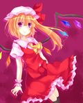  ascot bad_id bad_pixiv_id blonde_hair flandre_scarlet hat hat_ribbon ikeda_hazuki looking_at_viewer puffy_sleeves purple_eyes ribbon short_sleeves side_ponytail smile solo touhou wings 