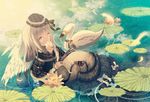  angel_wings bird black_dress capelet cloud detached_wings dress duck evemace feathers flower grey_hair hat lily_pad long_hair original partially_submerged reflection ripples solo water white_wings wings yellow_eyes 