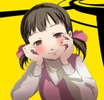  bad_id bad_pixiv_id blush brown_eyes brown_hair child doujima_nanako hands_on_own_cheeks hands_on_own_face ma_(2ql) persona persona_4 short_hair smile solo twintails yandere_trance 