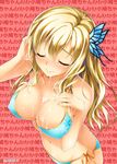  bad_id bad_pixiv_id bikini blonde_hair blue_bikini blush boku_wa_tomodachi_ga_sukunai breasts bug butterfly butterfly_hair_ornament closed_eyes cum cum_on_body cum_on_breasts cum_on_upper_body facial floral_print hair_ornament happy_facial highres insect kashiwazaki_sena kikurage_(plastic_people) large_breasts long_hair side-tie_bikini solo swimsuit 