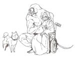  1girl bad_id bad_pixiv_id closed_eyes dog gas_mask goggles height_difference monster muscle oikawa_uso old original side_ponytail sketch smile wheelchair 