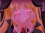  asuka_(bbgu) blazblue blonde_hair blush hands_on_own_cheeks hands_on_own_face long_hair parody rachel_alucard red_eyes smile solo yandere yandere_trance 