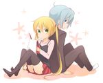  1girl ayasaki_hayate back-to-back blonde_hair blue_eyes blue_hair butler green_eyes hayate_no_gotoku! kinokosuke long_hair notebook pen sanzen'in_nagi short_hair thighhighs twintails 