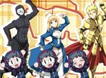  2boys ahoge armor artoria_pendragon_(all) assassin_(fate/zero) bad_id bad_pixiv_id blonde_hair carnival_phantasm caster_(fate/zero) dancing dress fate/zero fate_(series) gilgamesh green_eyes hair_ribbon mask multiple_boys nagare nekoarc parody red_eyes ribbon saber short_hair super_affection 