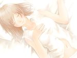  bad_id bad_pixiv_id brown_eyes collarbone hand_on_own_chest navel okamocheese original pillow sleeping solo 