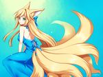  animal_ears ban'ya_(konshin) blonde_hair blue_eyes fox_ears fox_tail konshin long_hair multiple_tails original pixiv_forest solo tail 