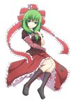  aqua_eyes arm_ribbon bad_id bad_pixiv_id boots bow breasts cross-laced_footwear daba dress frills front_ponytail green_hair hair_ornament hair_ribbon highres kagiyama_hina lace-up_boots long_hair looking_at_viewer medium_breasts red_dress ribbon smile solo touhou 