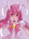  bow choker cnove cure_happy eyelashes feathers head_wings hoshizora_miyuki long_hair magical_girl pink pink_bow pink_choker pink_eyes pink_hair precure purple_background ribbon smile smile_precure! solo twintails 