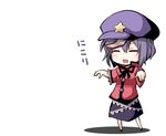  beret blue_hair chibi closed_eyes hat jiangshi miyako_yoshika ofuda open_mouth outstretched_arms rioshi shirt skirt smile solo touhou zombie_pose 