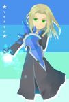  bad_id bad_pixiv_id black_coat black_coat_(kingdom_hearts) blonde_hair character_name cloak gloves green_eyes highres ice kingdom_hearts long_hair magic male_focus okitsune_(okitsune-sama) shield smile snowflakes solo vexen 