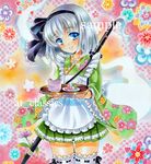  alternate_costume apron at_classics black_hairband blue_eyes enmaided hairband head_tilt japanese_clothes konpaku_youmu konpaku_youmu_(ghost) looking_at_viewer maid marker_(medium) sample silver_hair smile solo thigh_gap thighhighs touhou traditional_media white_legwear wide_sleeves 