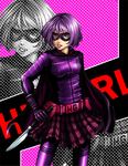  belt belt_pouch blue_eyes bob_cut cape hit-girl kick-ass knife lips plaid plaid_skirt pouch purple_hair short_hair skirt solo spandex superhero vvahvv zoom_layer 