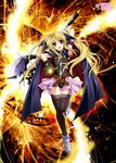  arm_up bardiche black_gloves black_legwear blonde_hair cape fate_testarossa gloves kanna_(plum) long_hair lyrical_nanoha magical_girl mahou_shoujo_lyrical_nanoha mahou_shoujo_lyrical_nanoha_a's mahou_shoujo_lyrical_nanoha_the_movie_2nd_a's open_mouth red_eyes skirt smile solo thighhighs twintails weapon 