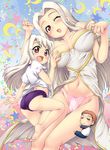  2girls :3 :d barefoot blush breast_grab breasts breasts_apart brother_and_sister child crescent_moon emiya_shirou fate/stay_night fate/zero fate_(series) grabbing hase_yu illyasviel_von_einzbern irisviel_von_einzbern large_breasts long_hair miniboy moon mother_and_daughter multiple_girls navel one_eye_closed open_mouth panties pink_panties red_eyes siblings small_breasts smile sportswear star underwear white_hair 