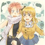  1girl blonde_hair blush couple erinan fairy_tail hetero holding_hands lucy_heartfilia natsu_dragneel open_mouth pink_hair scarf skirt wristband 