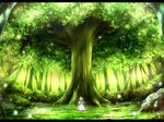  ayase_midori character_request closed_eyes copyright_request dress forest green green_hair hair_over_one_eye letterboxed long_hair nature rock scenery sitting smile solo tree 