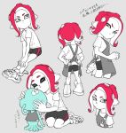  1girl :t act_(a_moso) apron bike_shorts cheek_press closed_mouth eyes_closed full_body grey_background jellyfish_(splatoon) long_hair name_tag octarian octoling shirt short_sleeves sitting splatoon splatoon_(series) splatoon_2 spot_color suction_cups t-shirt tentacle_hair translation_request v-shaped_eyebrows wariza 