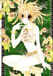  bare_shoulders bell blonde_hair boots bracelet crop_top finger_to_mouth front-tie_top fur highres jewelry lace_border leaf midriff navel official_art otomiya_haine scan shinshi_doumei_cross short_hair shorts sleeveless solo tanemura_arina traditional_media twintails yellow_eyes 