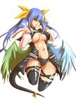  asymmetrical_wings bare_shoulders black_legwear blue_hair blush bow breasts choker detached_sleeves dizzy guilty_gear hair_bow large_breasts long_hair midriff navel open_mouth red_eyes ribbon simple_background solidstatesurvivor solo tail tail_ribbon thighhighs twintails underboob white_background wings 