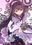  akemi_homura akitsukisaya black_hair frills frown gears hairband long_hair magical_girl mahou_shoujo_madoka_magica pantyhose pleated_skirt purple_eyes roman_numerals skirt solo 