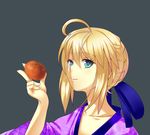  artoria_pendragon_(all) blonde_hair blue_eyes eyelashes fate/stay_night fate_(series) food fruit hair_ribbon japanese_clothes kimono persimmon ribbon saber solo wain2 