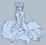  canine female fox monochrome multiple_tails nude sitting sketch solo tail tatious 