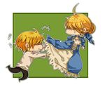  1girl ahoge anger_vein artoria_pendragon_(all) blonde_hair casual chibi dress earrings fate/stay_night fate/zero fate_(series) gilgamesh hair_ribbon jewelry kicking luperce necklace ribbon saber shaded_face 