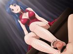  1girl blue_hair breasts censored cleavage dutch_angle fishnets footjob gloves hetero kawashima_ami large_breasts leather legs long_hair long_legs minamizumi penis purple_eyes sitting smile solo_focus thighhighs toradora! zipper 