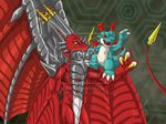  blue blue_body blue_eyes claws digimon dracomon dragon examon fangs green_eyes horn male mistress-of-air red red_body red_eyes scalie tail watermark wings 
