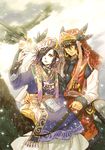  bird black_hair coat earrings feathers gaius_(tales) highres hood horse jewelry male_focus multiple_boys red_eyes tales_of_(series) tales_of_xillia tribal usagineko wingul_(tales) yellow_eyes 