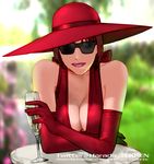  alternate_costume anna_williams bare_shoulders breast_press breasts cleavage crossed_arms cup dress drinking_glass elbow_gloves gloves hat kawano_takuji large_breasts leaning_forward lips lipstick makeup official_art red_dress red_hair solo sunglasses table tekken watermark wine_glass 