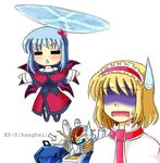  alice_margatroid blonde_hair bow capelet chibi dress ex-s_gundam gundam gundam_sentinel hair_bobbles hair_ornament hairband helicopter_hair milen_anessar multiple_girls no_eyes open_mouth shaded_face shanghai_doll shinki short_hair side_ponytail silver_hair sweatdrop touhou turn_pale 