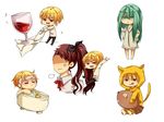  2boys alcohol androgynous anger_vein animal_costume bath brown_hair cat_costume chibi child enkidu_(fate/strange_fake) fate/stay_night fate/strange_fake fate/zero fate_(series) fish gilgamesh green_eyes green_hair hair_ribbon highres jewelry long_hair luperce multiple_boys necklace red_eyes ribbon rubber_duck short_hair tears toosaka_rin towel wine younger 