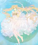  aqua_background bad_id bad_pixiv_id bare_shoulders bishoujo_senshi_sailor_moon crescent_moon double_bun dress english facial_mark forehead_mark heart long_hair moon pheno15 princess_serenity smile solo strapless strapless_dress tsukino_usagi twintails white_dress 