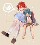  bad_id bad_pixiv_id barefoot blush cat character_name closed_eyes crossed_legs glasses green_hair inazuma_eleven_(series) inazuma_eleven_go jacket kariya_masaki kiyama_hiroto male_focus multiple_boys older open_mouth red_hair shirakino sitting sleeping 