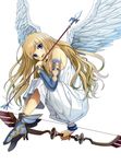  angel_wings arrow bare_shoulders blonde_hair blue_eyes bow_(weapon) bracelet dragon_maker full_body head_tilt high_heels jewelry long_hair looking_at_viewer matsui_hiroaki shoes sitting solo toga weapon wings 