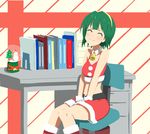  bad_id bad_pixiv_id bare_shoulders bell belt blush boots christmas closed_eyes crop_top gloves green_hair hairband idolmaster idolmaster_(classic) midriff mole mole_under_mouth otonashi_kotori santa_costume shinose_(sinose) short_hair sitting skirt smile snow_globe solo tank_top 