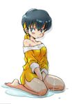  barefoot biifun blush bottomless breasts full_body genderswap genderswap_(mtf) headband hibiki_ryouga medium_breasts off_shoulder oversized_clothes puddle ranma_1/2 seiza short_hair sitting solo wet wet_clothes 